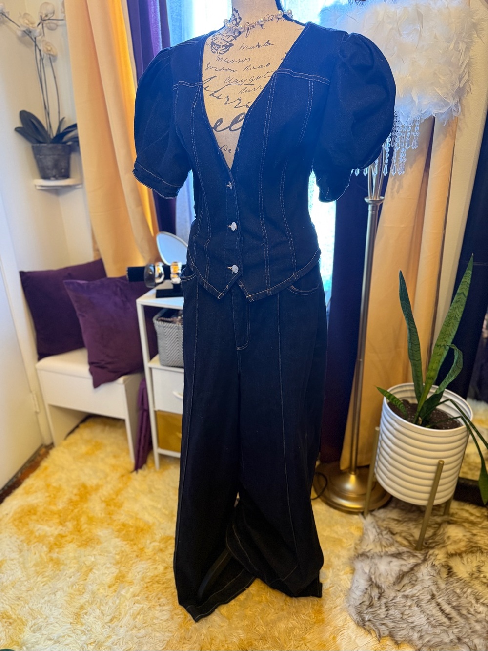 Dark Denim Puff Sleeve V-Neck Jumpsuit - Picture 2 of 4